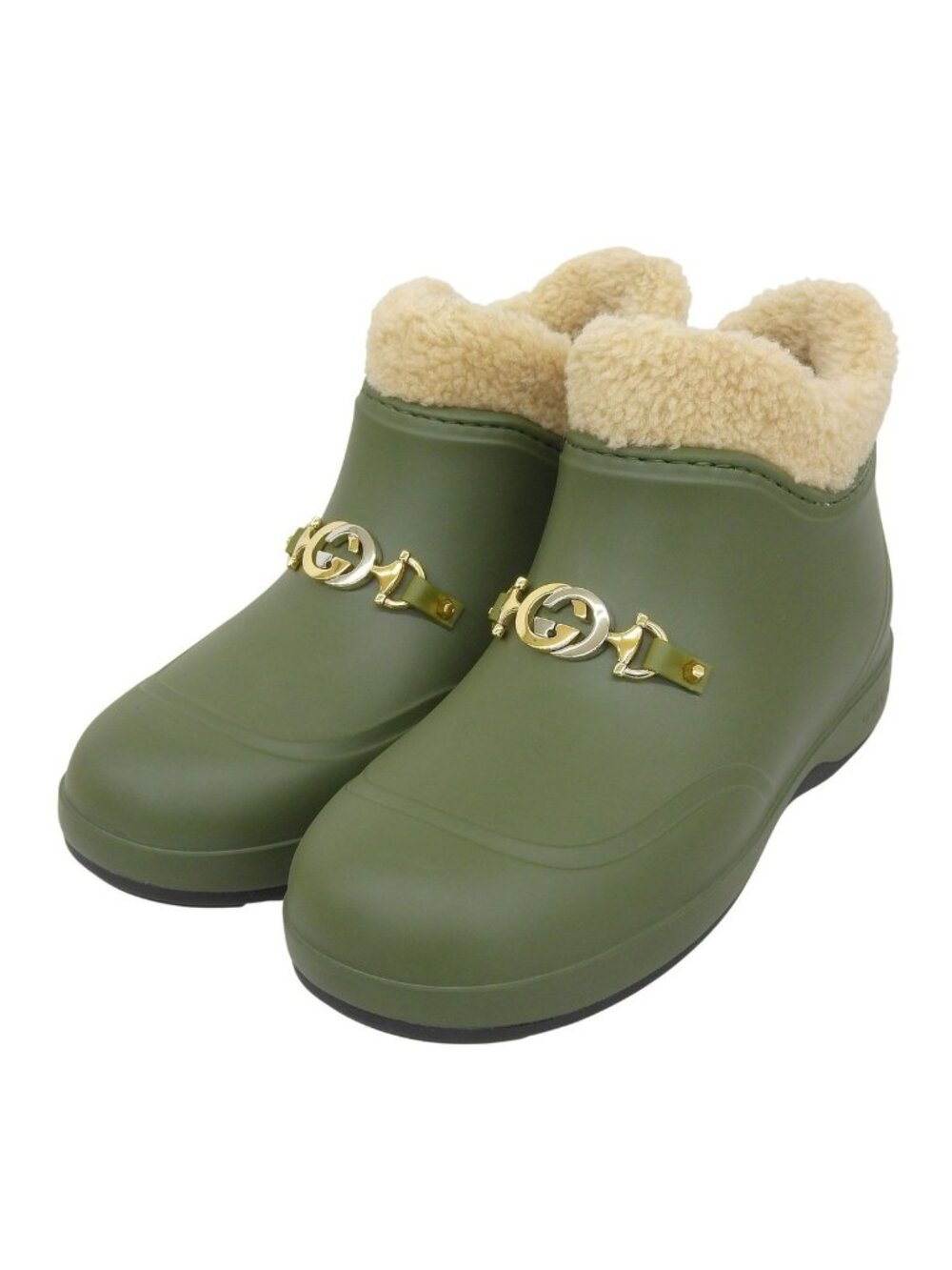 Gucci Interlocking G Wool Lining Rubber Shearling Short Boots Khaki Green 38